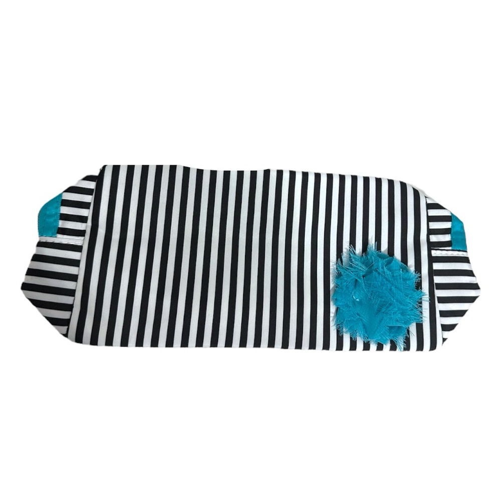 NWT Lancôme Black & White Stripe Cosmetic Bag with Teal Accents | Travel Gift